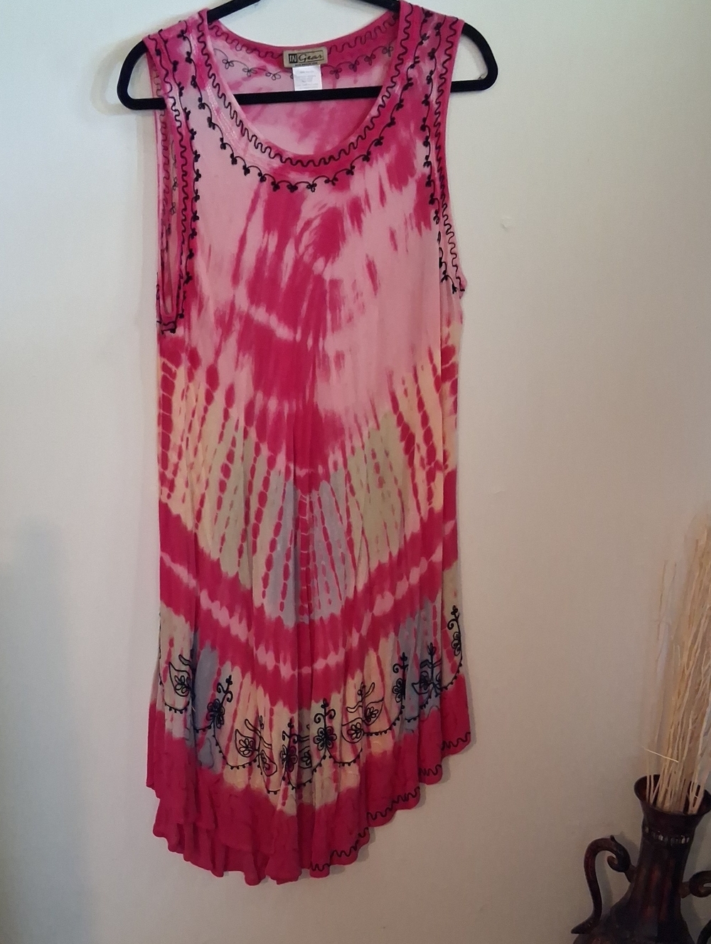 Ingear Pink Tie-Dye Sleeveless Maxi Dress with Black Embroidery